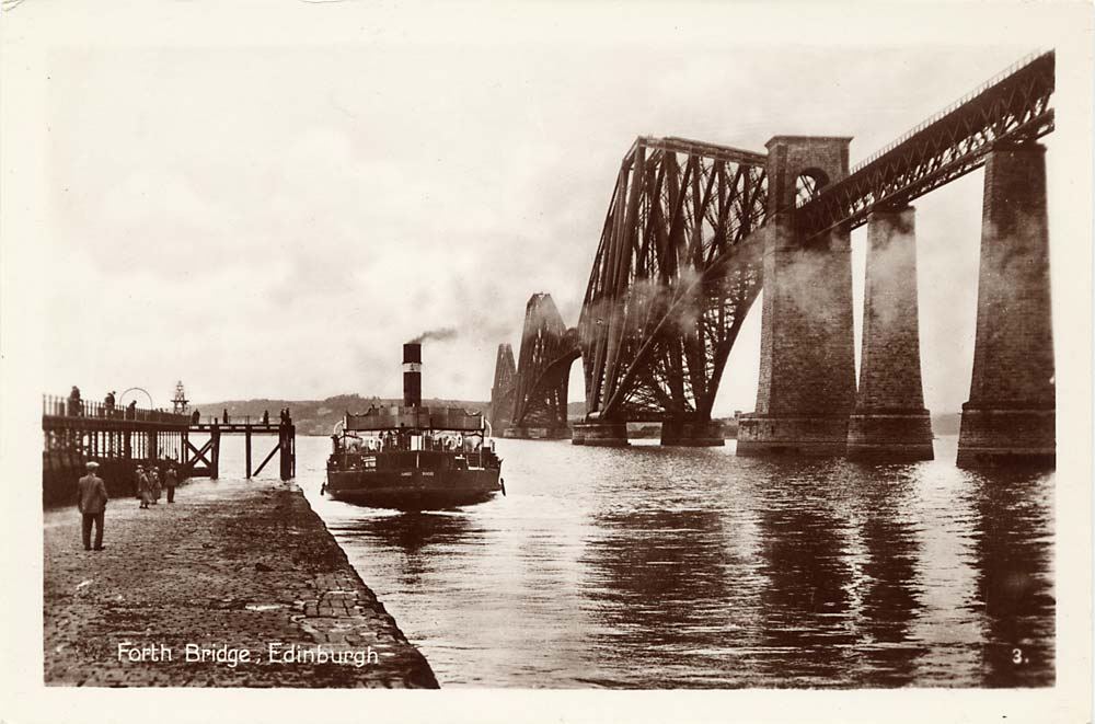 The Forth Rail Bridge and the ferry boat, Dundee, on the Queensferry Passage at South Queensferry  -  some time between 1920 and 1948