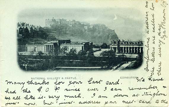 Early Postcard  -  Looking from the Scott Monument towards the National Galleries and Edinburgh Castle