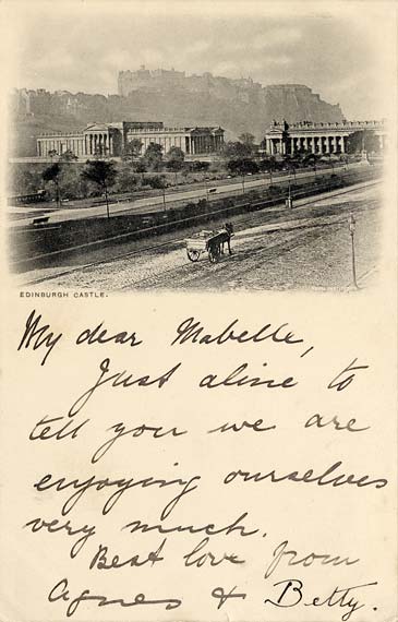 Postcard by an unidentified publisher  -   Looking to the south-west, across Princes Street towards the National Galleries and Edinburgh Castle on Castle Hill