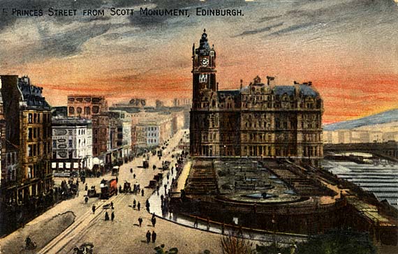 Postcard of Princes Street, looking east towards the Balmoral Hotel, from the Scott Monument, in the style of an oil painting