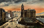 Postcard of Princes Street, looking east from the Scott Monument towards the Balmoral Hotel, in the style of an oil painting