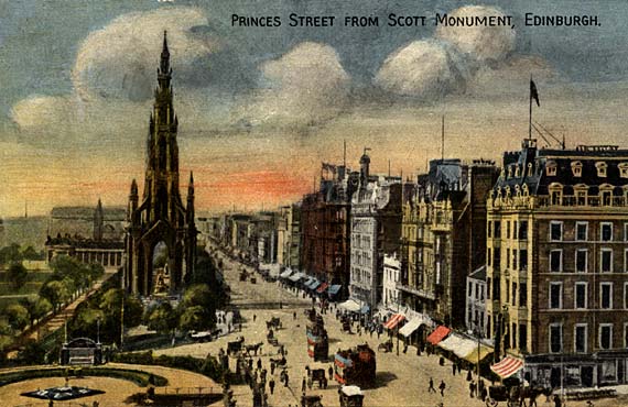Postcard of Princes Street, looking west from the Balmoral Hotel towards the Scott Monument, in the style of an oil painting