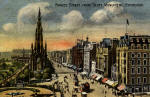 Postcard of Princes Street, looking to the west from the Balmoral Hotel towards the Scott Monument, in the style of an oil painting