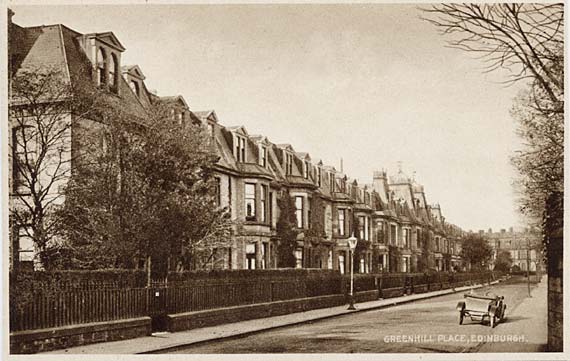 Photogravure postcard of a South Edinburgh street by an unknown publisher  -  Greenhill Place
