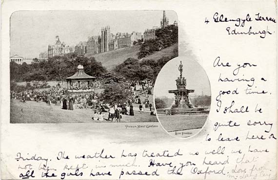 Postcard by unidentified publisher  -  Princes Street Gardens including the Bandstand and the Ross Fountain