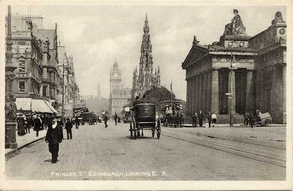 Postcard by an unidentified publisher  -    Looking to the east along Princes Street with horse-drawn vehicles