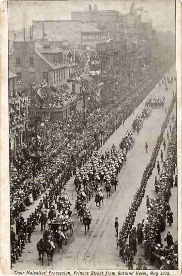 Postcard by an unidentified publisher  -    Royal Procession of King Edward VII and Queen Alexandra in Princes Street, 1903
