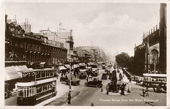 Princes Street  -  Heavy Traffic at the West End  -  a glossy sepia postcard by an unnamed publisher