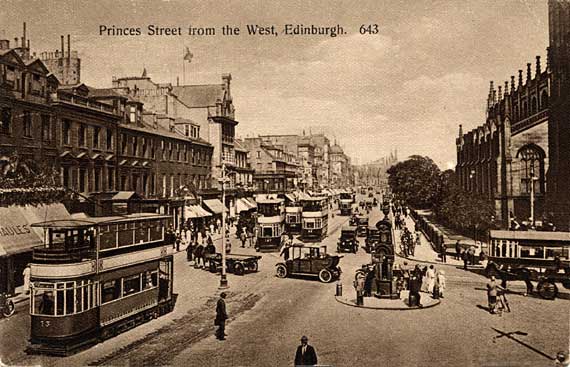 Princes Street  -  Heavy Traffica at the West End  -  A matt sepia postcard by an unnamed publisher