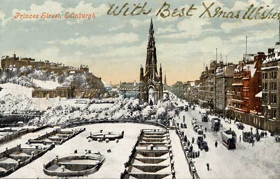 Postcard by an unidentified publisher  -    Looking to the west along Princes Street, with Best Xmas Wishes