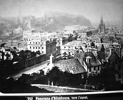 The left hand image of a stereo pair of glass views from Ferrier and Soulier  -  No 943  -  Looking to the west from the slopes of Calton Hill towards Princes Street and Edinburgh Castle.