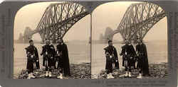 stereoscopic view by Keystone View Company  -  The Forth Rail Bridge and three pipers at South Queensferry