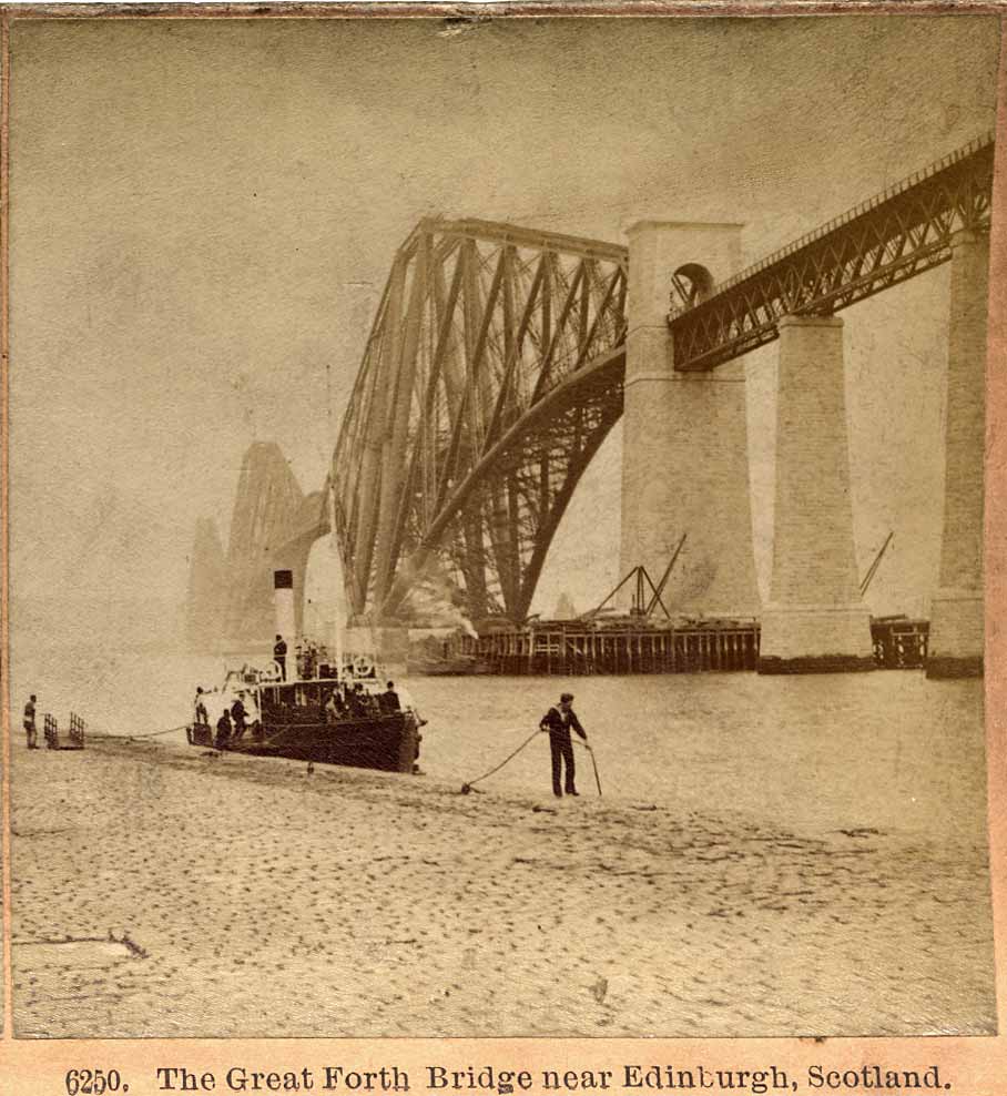 Enlargement from a stereo view by Kilburn  -  The Forth Bridge with ferry at South Queensferry Pier