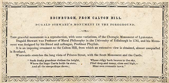 Description on the back of a Stereo View sold by Lennie  -  Dugald Stewart's Monument and view of Edinburgh from Calton Hill