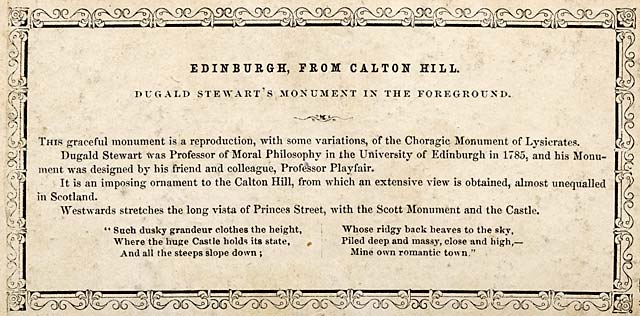 Description on the back of a Stereo View sold by Lennie - Dugald Stewart's Monument and view of Edinburgh from Calton Hill