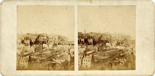 Stereo view by McGlashon - looking from the Burns' Monument in Regent Road, over the railway line at Waverley towards Edinburgh Castle.