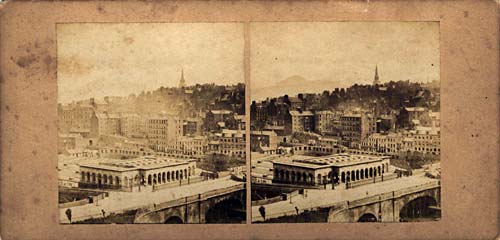 Stereo View by McGlashon  -  looking down on Waverley Bridge and the Old Town of Edinburgh, from the Sir Walter Scott Monument in Princes Street