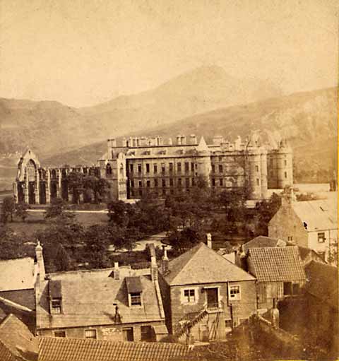 Enlargement of Walter Greenoak Patterson stereo view  -  Looking down from Calton Hill towards Holyrood