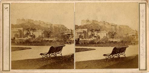 Stereo view by Walter Greenoak Patterson  -  The National Galleries from Princes Street Gardens