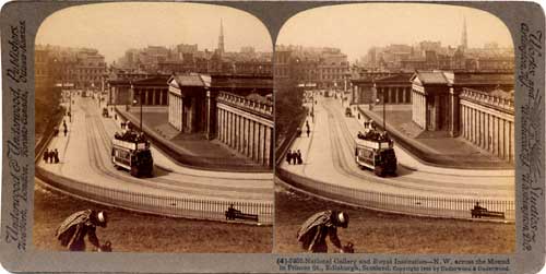 Stereo View looking down the Mound towards the National Galleries and Princes Street - Underwood & Underwood