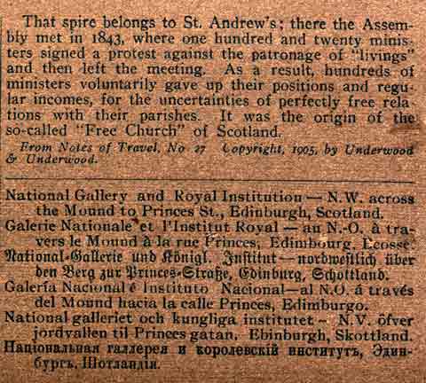 Description on the back of a Stereo View, looking down the Mound towards Princes Street  -  Underwood & Underwood
