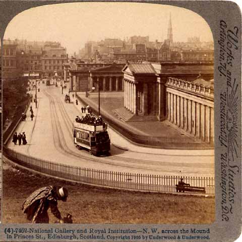 Stereo View looking down the Mound towards Princes Street and the National Galleries  -  UNderwood & Underwood