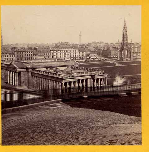 Stereoscopic View by Valentine  -  looking to the north-east across the Mound towards the National Galleries, Princes Street and the Scott Monument