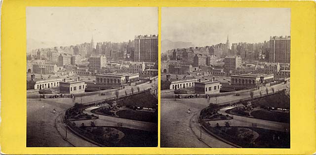 GW Wilson stereo card - Waverley Bridge and Edinburgh Old Town from Princes Street