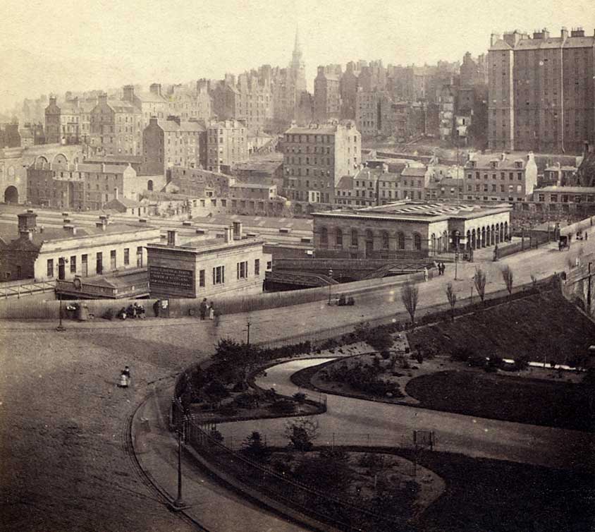 Enlargement of GW Wilson stereo card - Waverley Bridge and Old Town from Princes Street