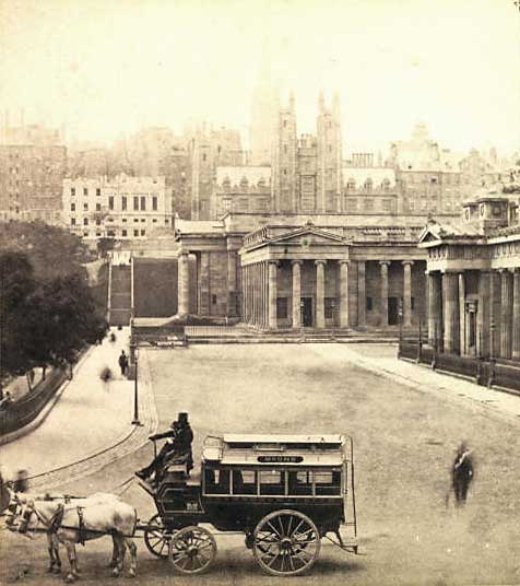 Stereo view by G W Wilson  -  National Galleries at the foot of the Mound.  Assembly Hall in the background