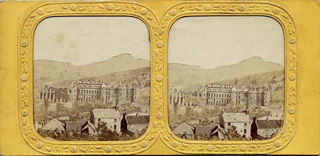 A stereo view by an unidentified photographer  - Holyrood Palace and Chapel  -  A view on translucent tissue with small holes to allow the light through