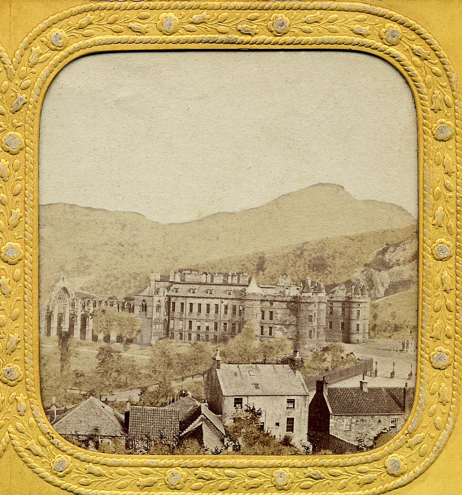 A stereo view by an unidentified photographer  - Holyrood Palace and Chapel  -  A view on translucent tissue with small holes to allow the light through