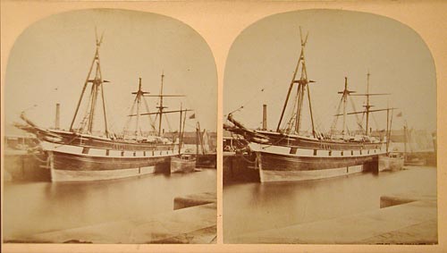 Stereo View titled 'Leith Docks re-masting - 1865'  -  Photographer unidentified