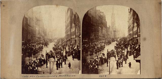 An early Stereo View by an unidentified photographer  -  Procession in the Royal Mile, Edinburgh, 1858