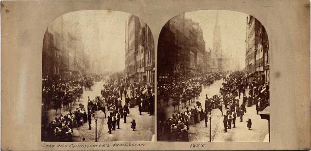 An early Stereo View by an unidentified photographer - Procession in the Royal Mile, Edinburgh, 1858