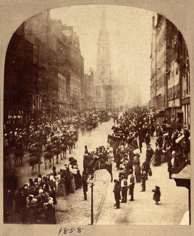 An early Stereo View by an unidentified photographer  -  Procession in the Royal Mile, Edinburgh, 1858