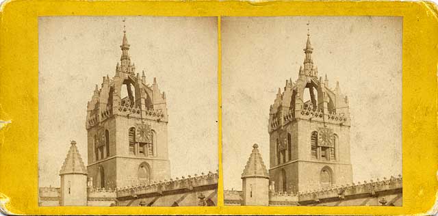 A stereo view by an unidentified photographer  -  The steeple of St Giles' Cathedral in the Royal Mile, Edinburgh