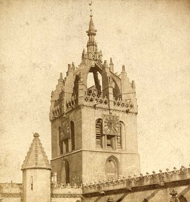 A stereo view by an unidentified photographer  -  The steeple of St Giles' Cathedral in the Royal Mile, Edinburgh