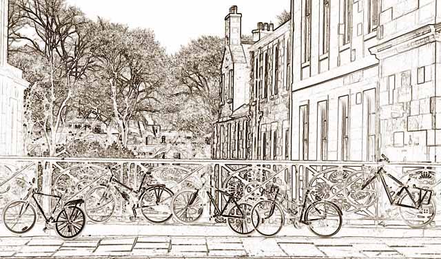 George IV Bridge -cycles attached to the railings over Merchant Street