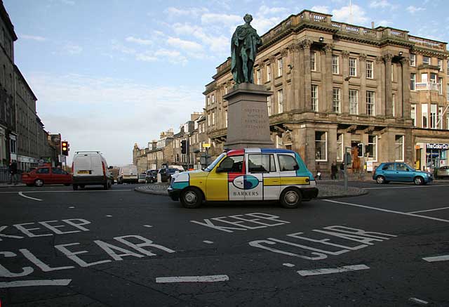 Road markings introduced into Edinburgh New Town in 2005 as part of the Central Edinburgh Traffic Management Scheme  -  Hanover Street, looking north at the junction with George Street