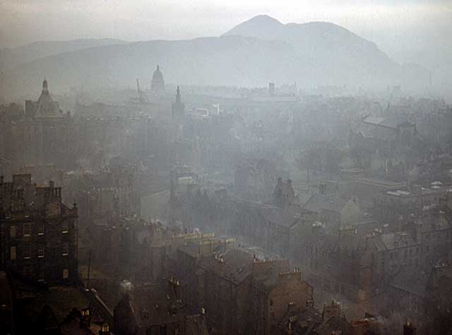 Looking down on the Grassmarket and across to Arthur's Seat from Edinburgh Castle