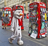 Fringe Performer dressed as Snowman in the High Street  -  August 2013