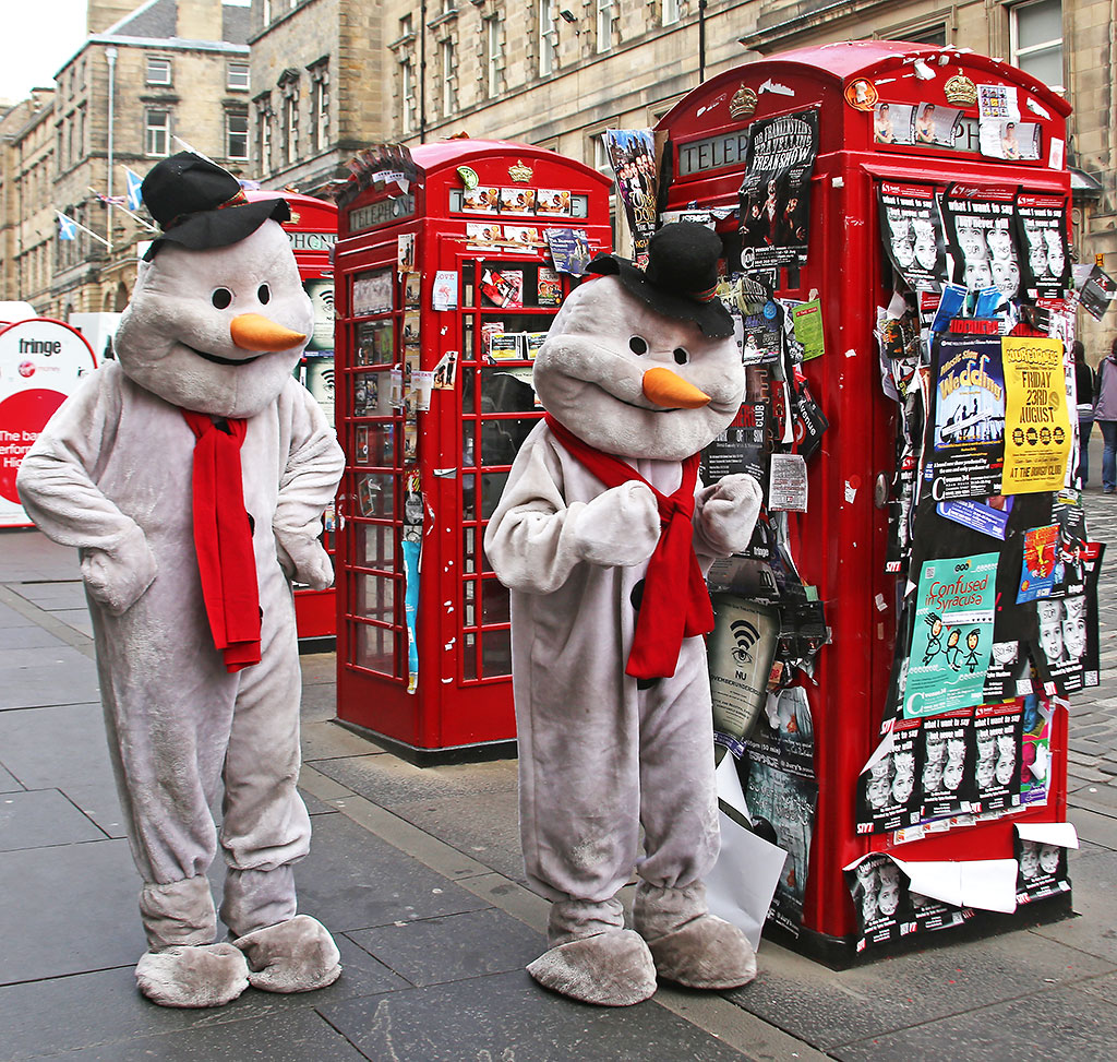 Fringe Performers dressed as Snowmen in the High Street  -  August 2013