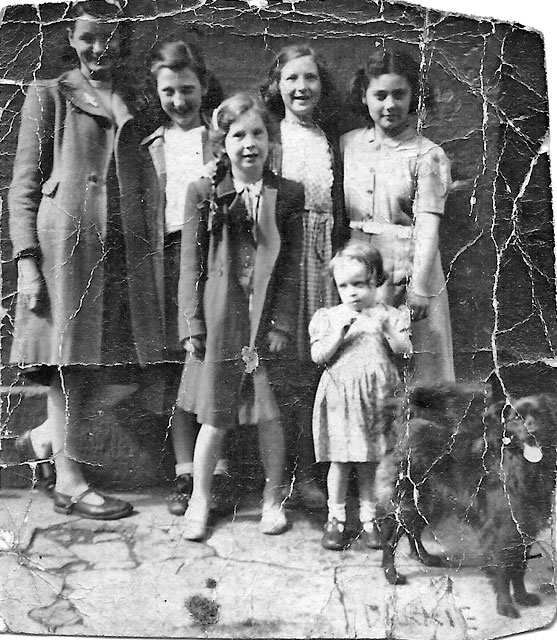 Six girls and a dog near the Howe Street end of Jamaica Street, around 1950