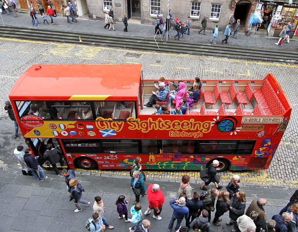 Looking down on open-top bus in Lawnmarket, Edinburgh