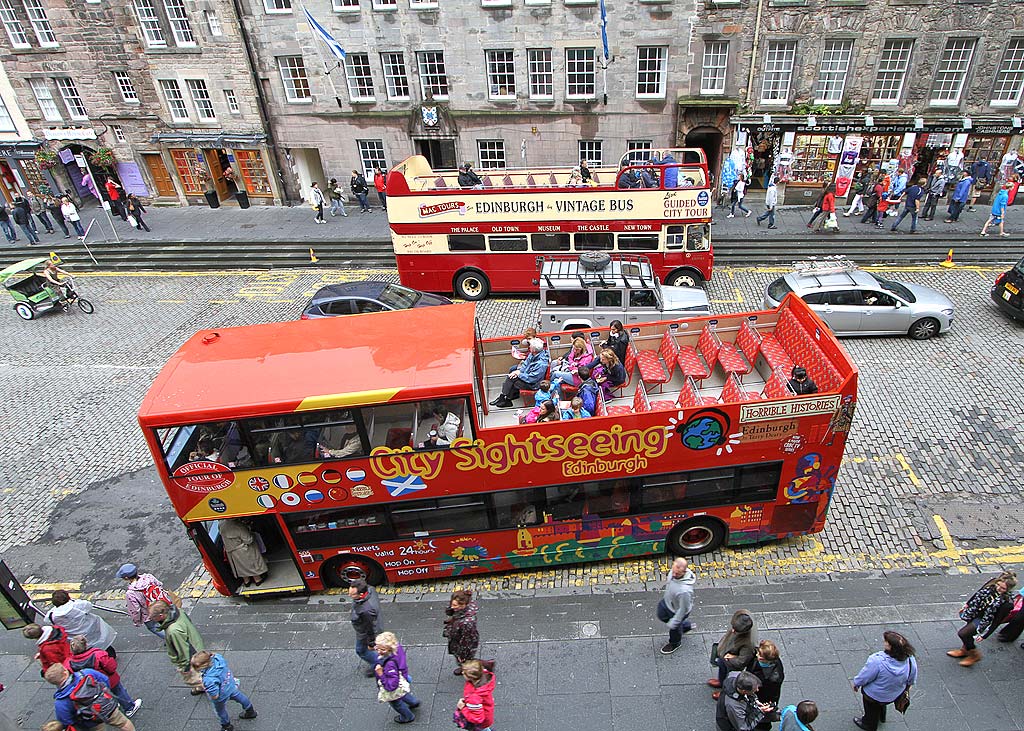 Looking down on open-top bus in Lawnmarket, Edinburgh