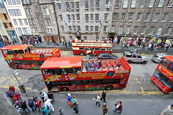 Looking down on open-top bus in Lawnmarket, Edinburgh