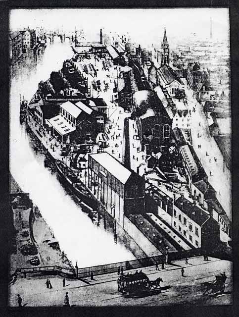 View to the North-east, looking down the Water of Leith  -  Junction Bridge in the foreground  -  Photograph possibly taken around the 1880s