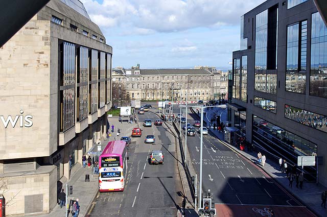 Looking to the north down Leith Street from the pedestrian bridge over the street