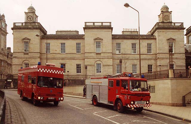 Fire engines facing north in Princes Street. Register House is in the background.